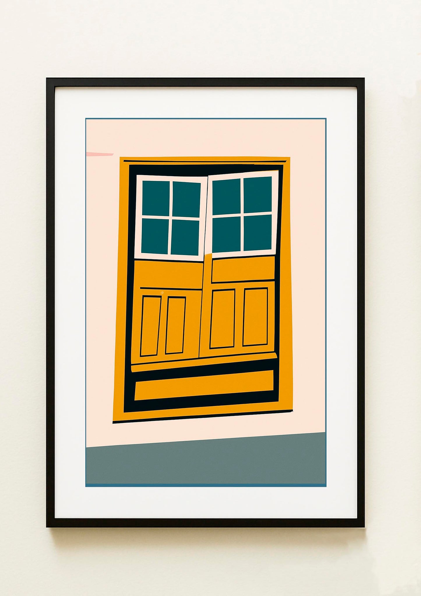 Lámina decorativa con ventana mediterránea de madera amarilla y cristales en verde azulado, estilo naif minimalista, enmarcada en negro. IMAJIN-ARTE