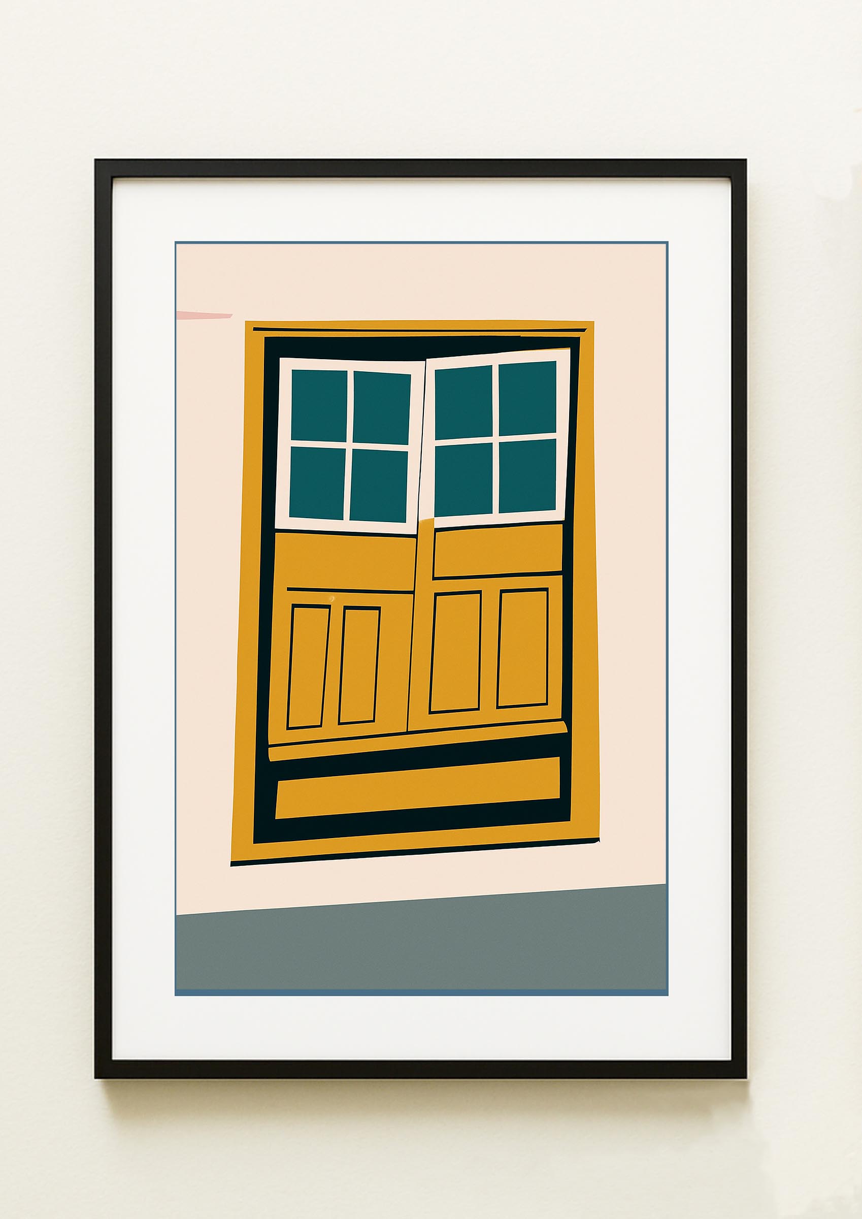 Lámina decorativa con ventana mediterránea de madera amarilla y cristales en verde azulado, estilo naif minimalista, enmarcada en negro. IMAJIN-ARTE