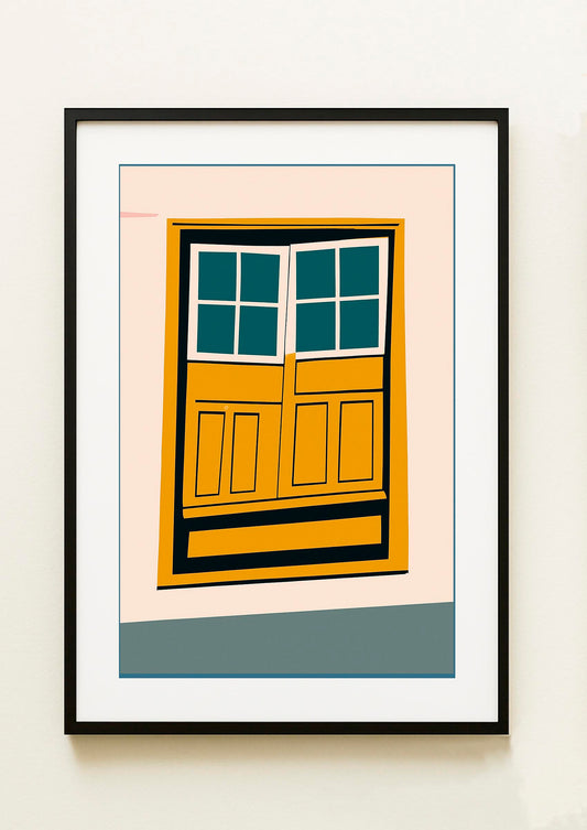 Lámina decorativa con ventana mediterránea de madera amarilla y cristales en verde azulado, estilo naif minimalista, enmarcada en negro. IMAJIN-ARTE