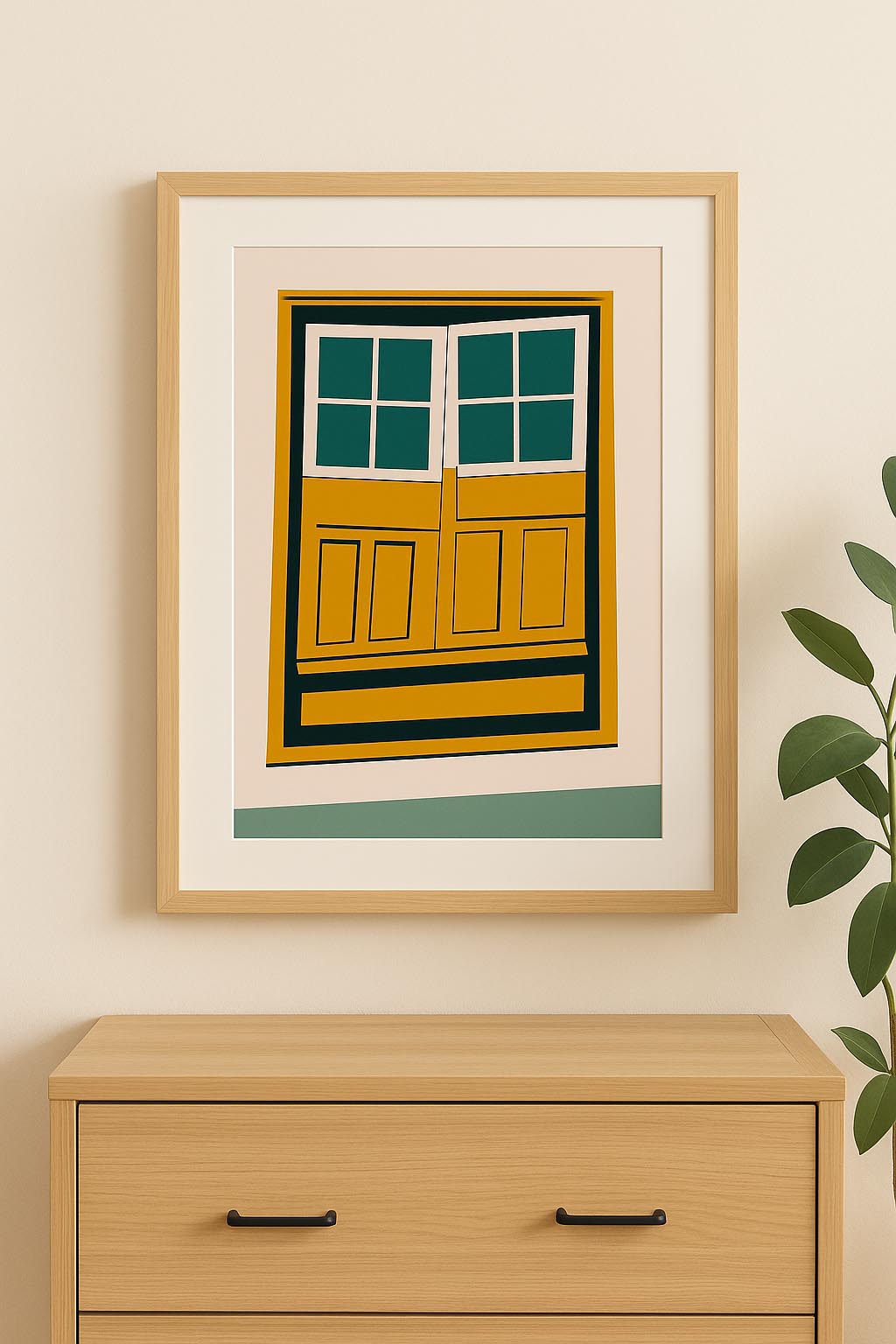 Lámina decorativa con ventana  amarilla enmarcada en madera natural, decoración de salón estilo naif minimalista sobre cómoda IMAJIN-ARTE