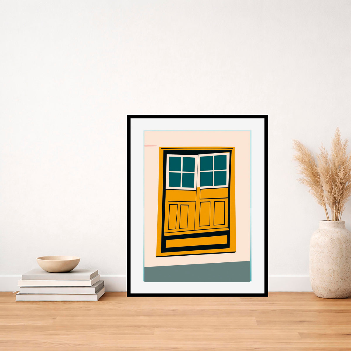 Lámina decorativa original Desajuste ventanal sobre mesa de madera clara libros apilados en esquina de la mesa y jarrón de cerámica blanco con espigas secas Imajin-Arte