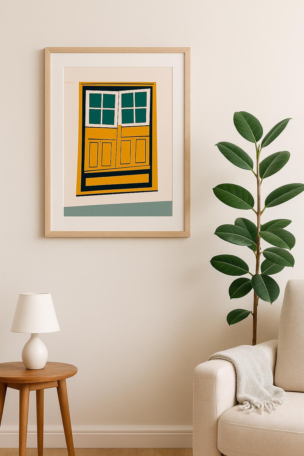 Lámina decorativa con ventana  amarilla enmarcada en madera natural, ambientada en salón nórdico con sillón, lámpara y planta IMAJIN-ARTE