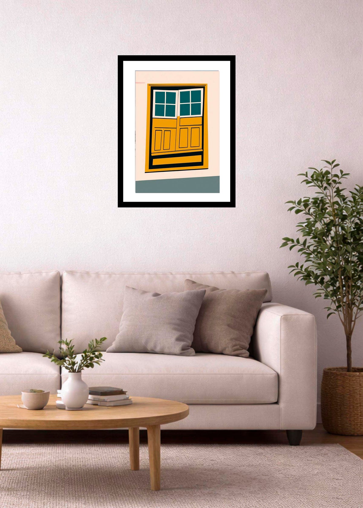 Lámina decorativa Desajuste ventanal colgada en pared de salón sobre sofá blanco, planta en la esquina y mesa de madera clara Imajin-Arte