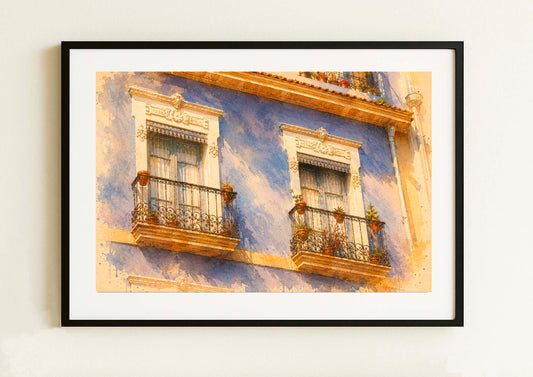 Lámina decorativa con dos balcones de forja negra y macetas floridas sobre fachada azul lavanda en Alicante, acuarela expresiva con luz dorada mediterránea, enmarcada en negro IMAJIN-ARTE