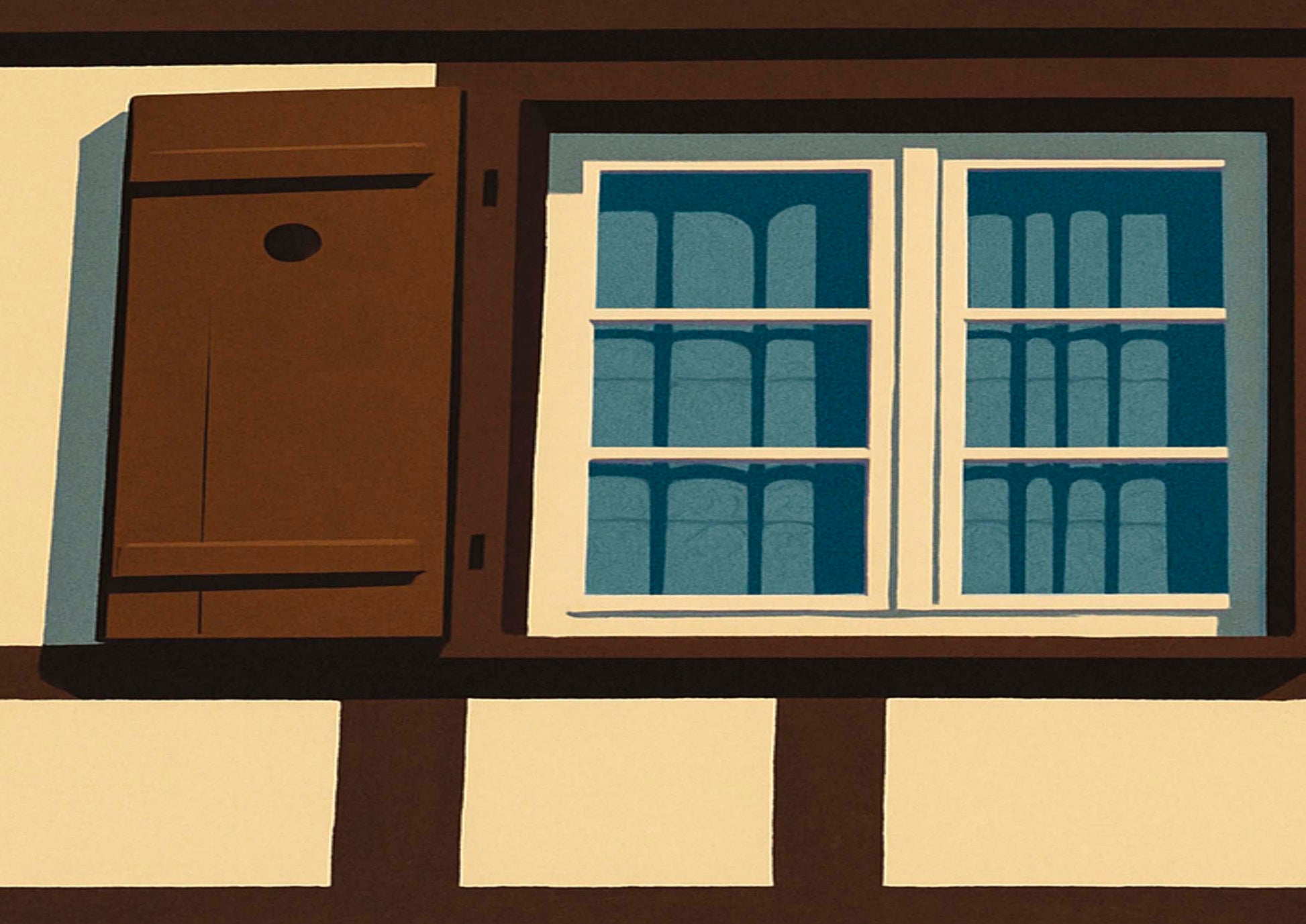 Detalle de lámina decorativa con contraventana de madera marrón y ventana de visillos azul grisáceo en entramado alsaciano crema, arquitectura de Estrasburgo IMAJIN-ARTE