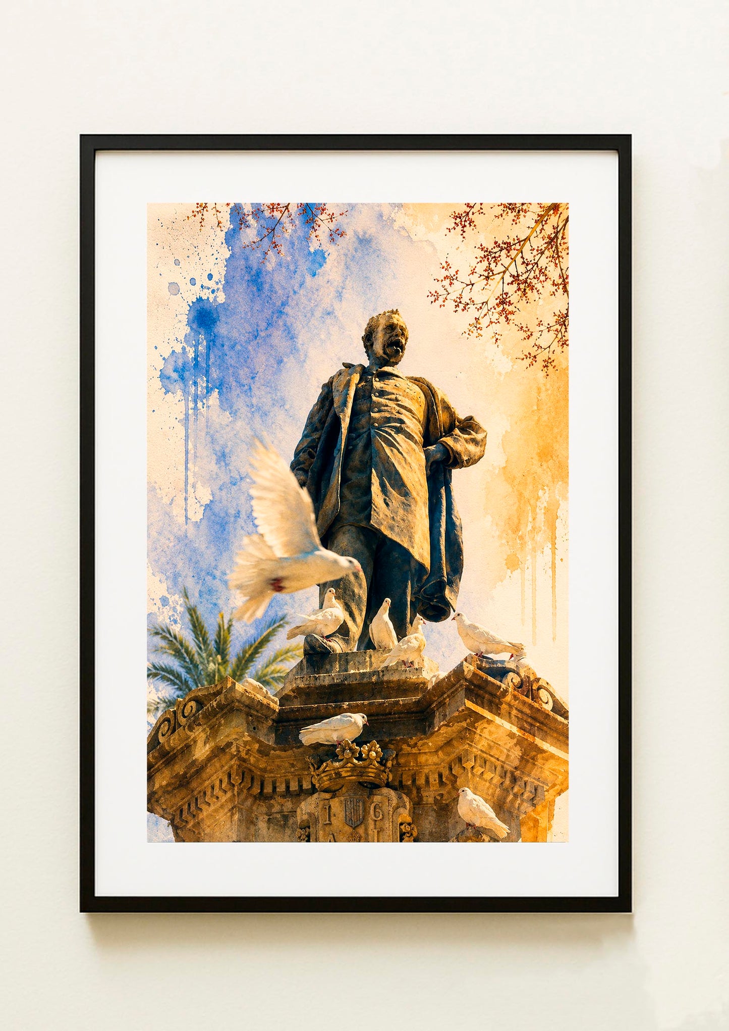 Lámina decorativa con estatua de Maisonnave en Alicante rodeada de palomas blancas, acuarela expresiva en azul cobalto y ocre dorado con ramas de jacaranda, enmarcada en negro IMAJIN-ARTE