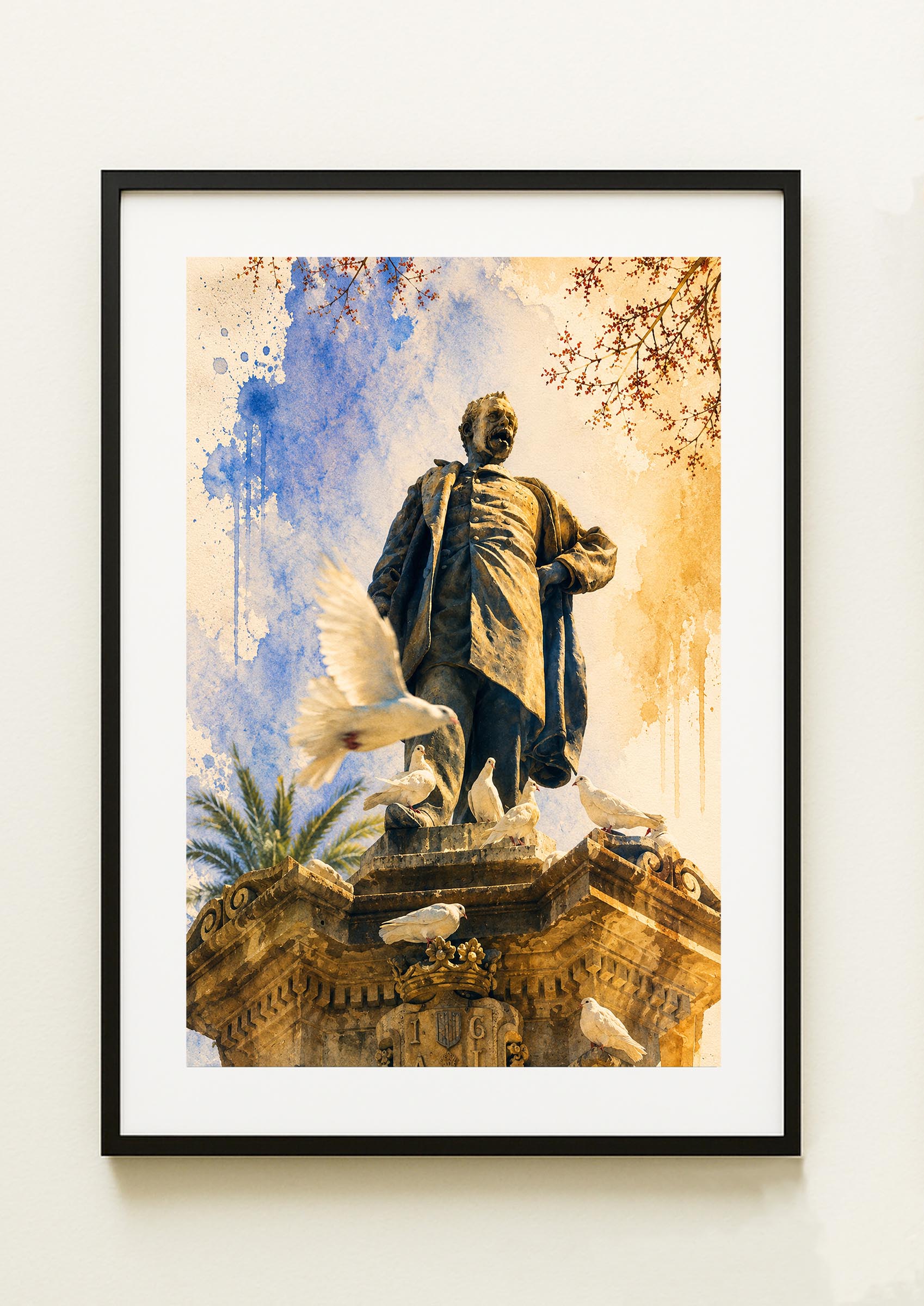 Lámina decorativa con estatua de Maisonnave en Alicante rodeada de palomas blancas, acuarela expresiva en azul cobalto y ocre dorado con ramas de jacaranda, enmarcada en negro IMAJIN-ARTE