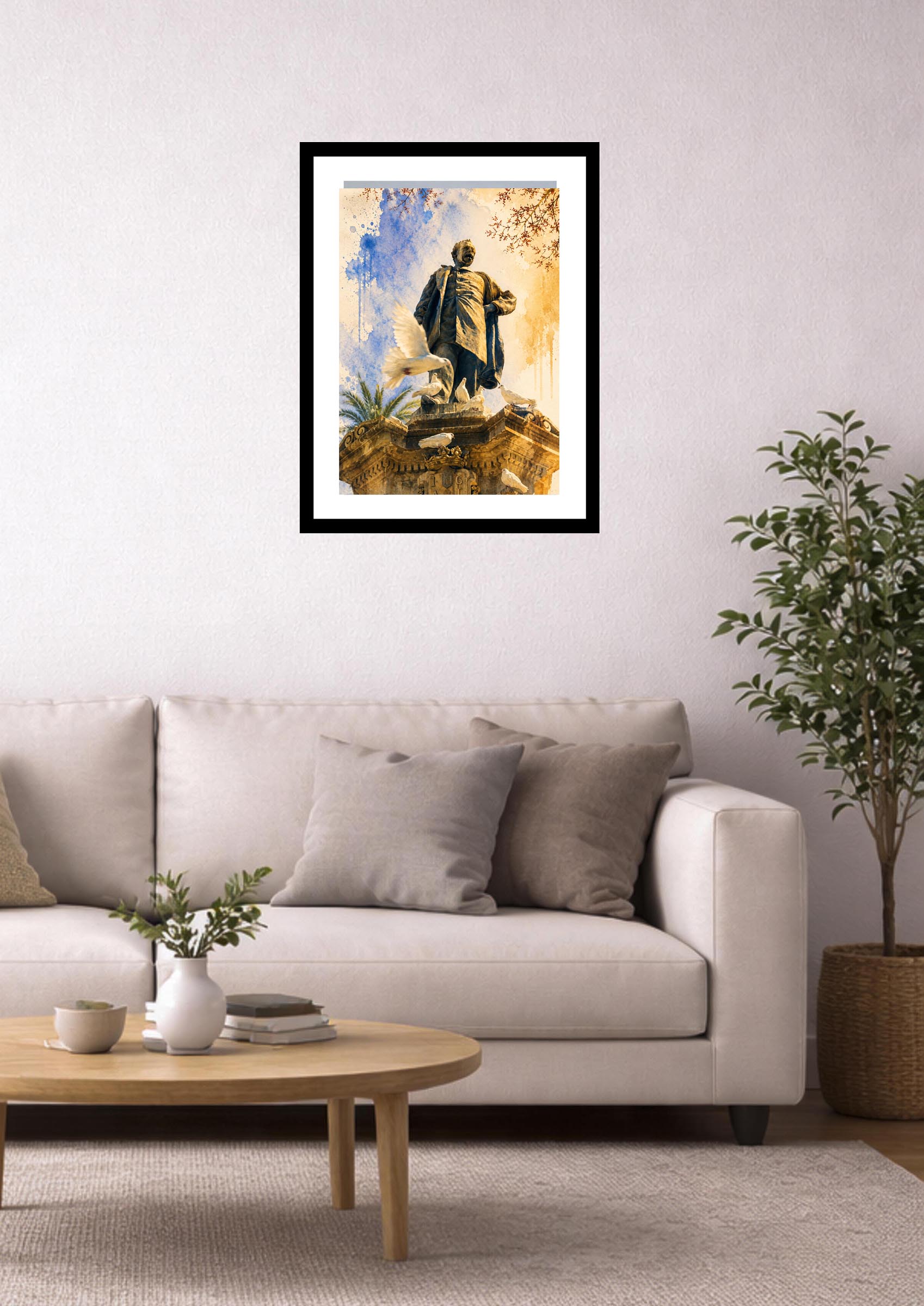 Lámina decorativa Estatua de Maisonnave enmarcada en negro sobre sofá beige en salón nórdico minimalista con mesa redonda de madera y planta verde, arte alicantino IMAJIN-ARTE