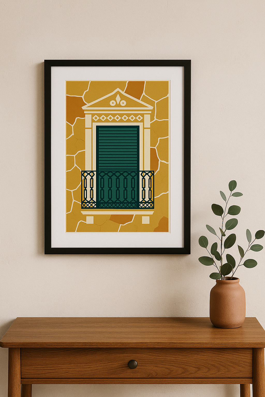 Lámina decorativa Balcón en Pared Desconchada enmarcada en negro sobre consola de madera con planta, decoración de recibidor o hall imajin-arte