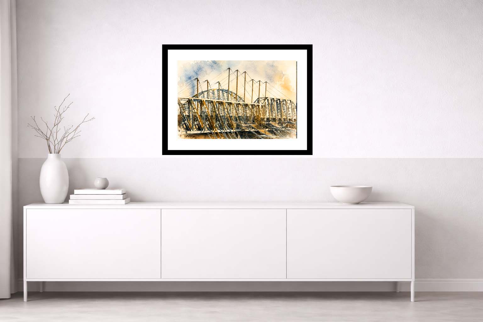Lámina decorativa Pabellón de Tecnificación de Alicante enmarcada en negro sobre aparador blanco minimalista con jarrones blancos y cuenco, acuarela industrial en tonos ocre y azul IMAJIN-ARTE
