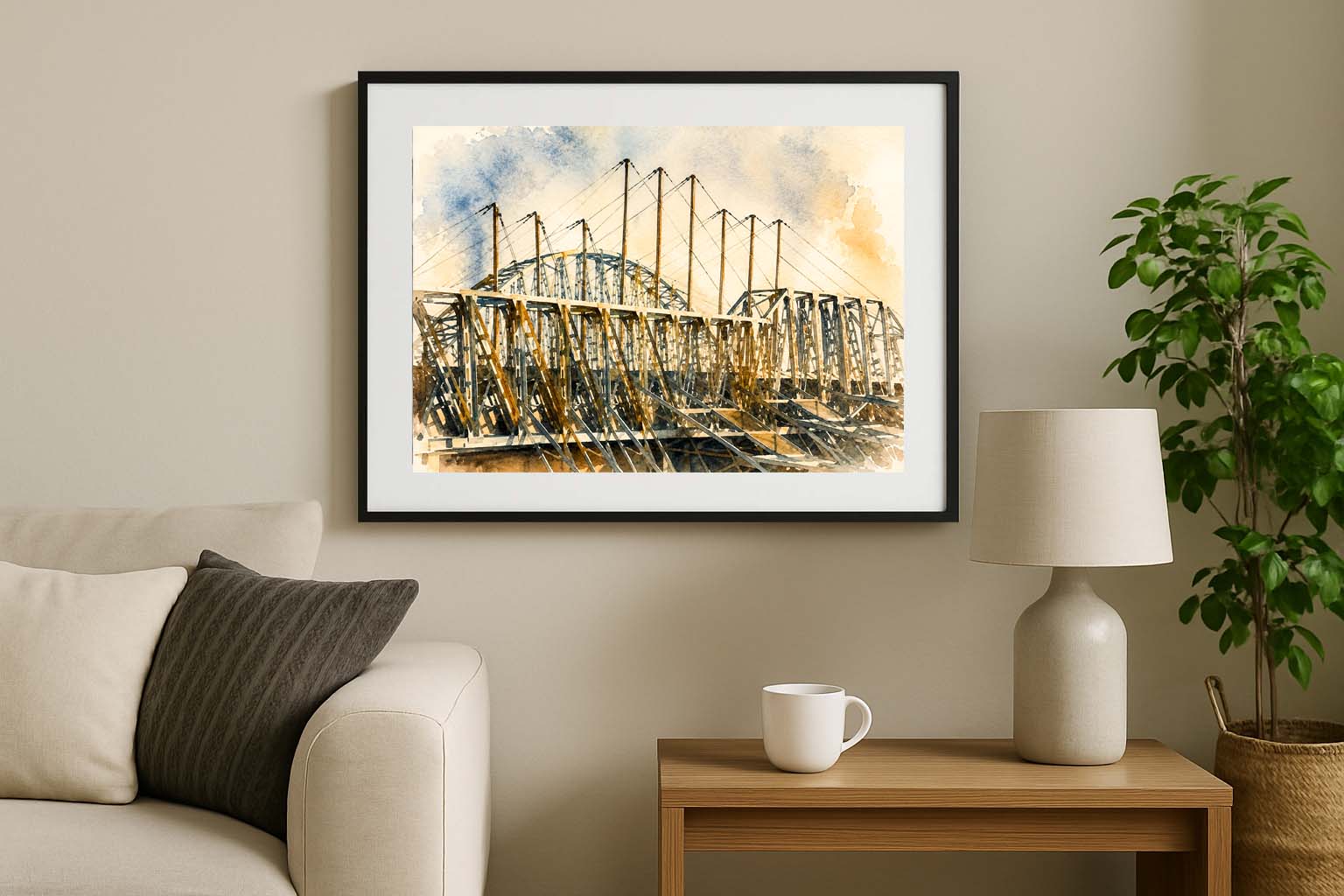 Lámina decorativa Pabellón de Tecnificación de Alicante enmarcada en negro sobre sofá beige con cojín gris, mesa auxiliar de madera con taza y lámpara cerámica, salón cálido mediterráneo IMAJIN-ARTE