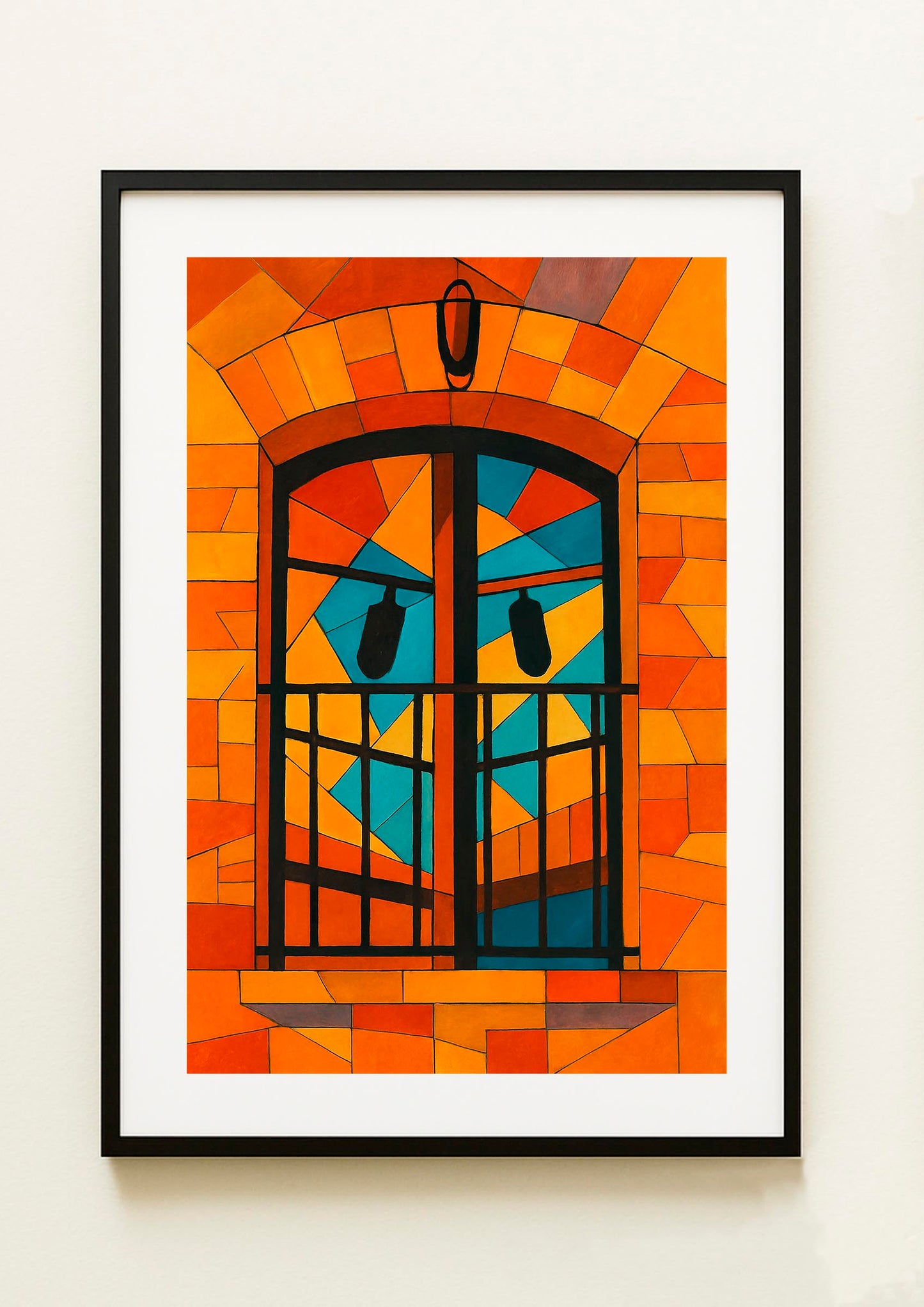 Lámina decorativa Reflejo de Garrucha, ventana de arco con rejas de forja en fachada de piedra ocre, composición geométrica mediterránea — IMAJIN-ARTE
