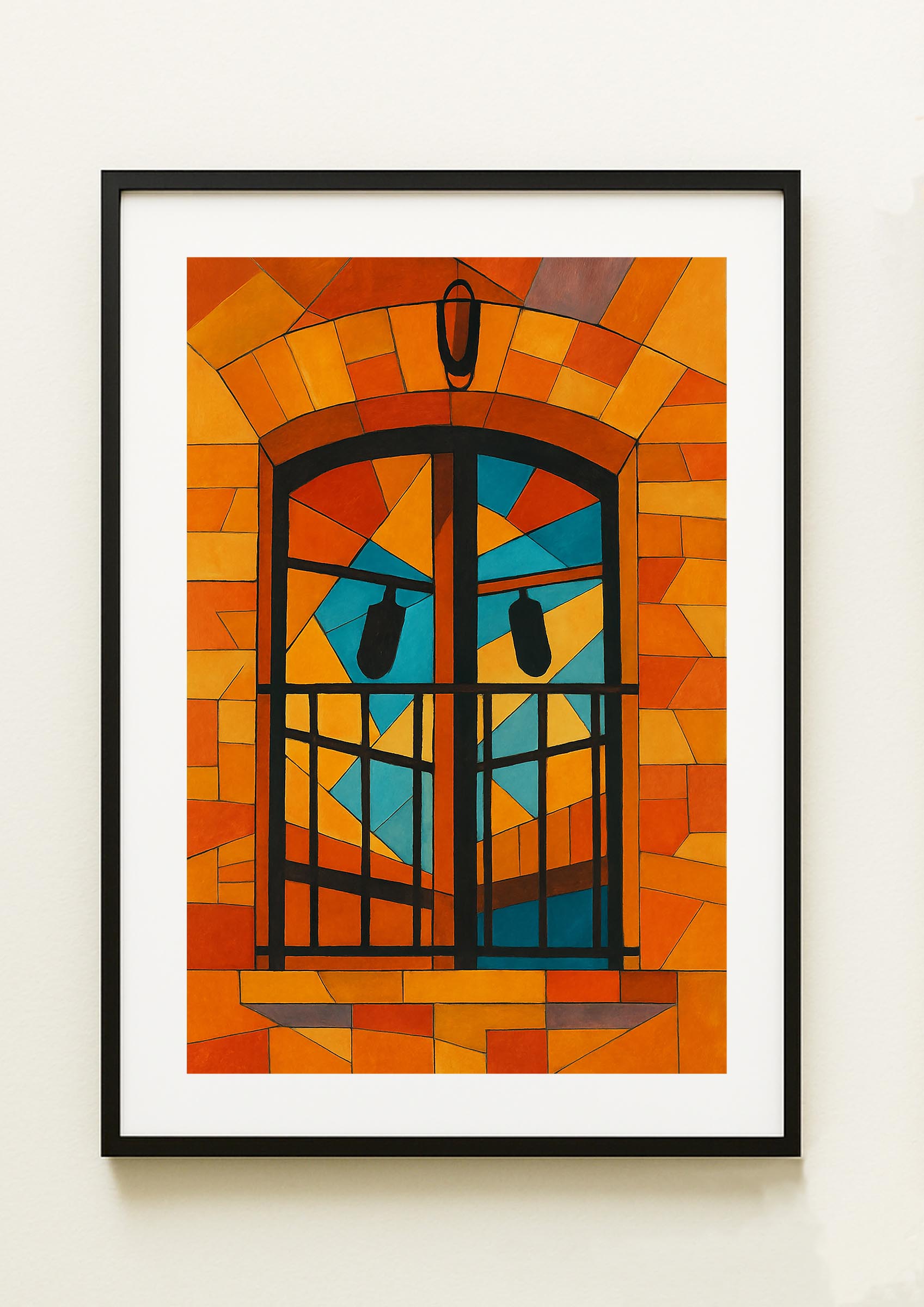 Lámina decorativa Reflejo de Garrucha, ventana de arco con rejas de forja en fachada de piedra ocre, composición geométrica mediterránea — IMAJIN-ARTE