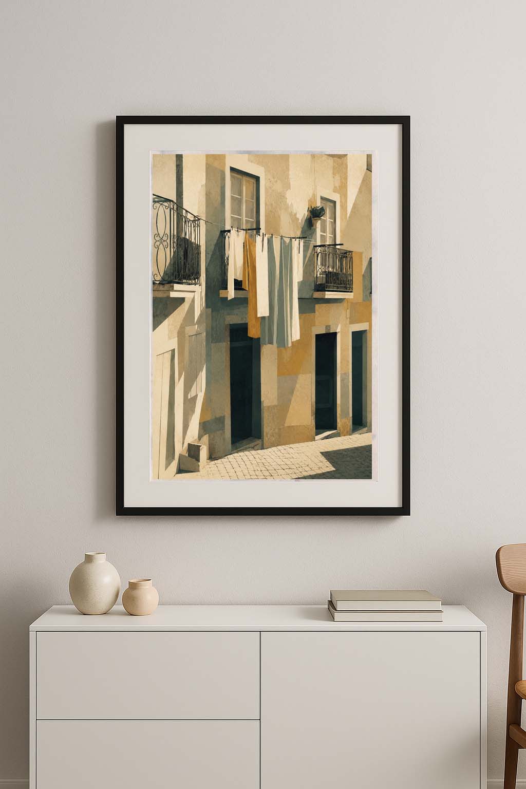Cuadro enmarcado Ropa Tendida Lisboa sobre aparador blanco en salón minimalista, lámina decorativa de fotografía urbana portuguesa para decoración de pared IMAJIN-ARTE