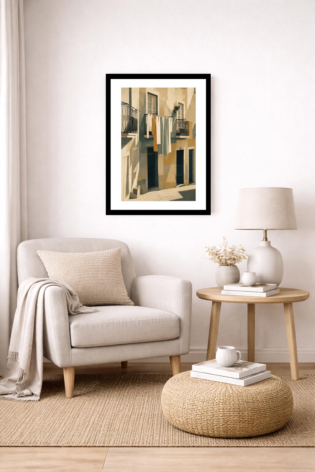 Cuadro enmarcado Ropa Tendida Lisboa en rincón de salón nórdico con sillón beige y mesa auxiliar de madera, lámina decorativa artística para el hogar IMAJIN-ARTE