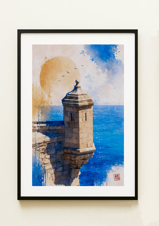 Lámina decorativa Torre de Vigilancia Castillo de Santa Bárbara enmarcada, acuarela vertical de garita de piedra centenaria sobre Mediterráneo azul intenso con velero blanco y sol dorado, cuadro marco negro paspartú blanco IMAJIN-ARTE