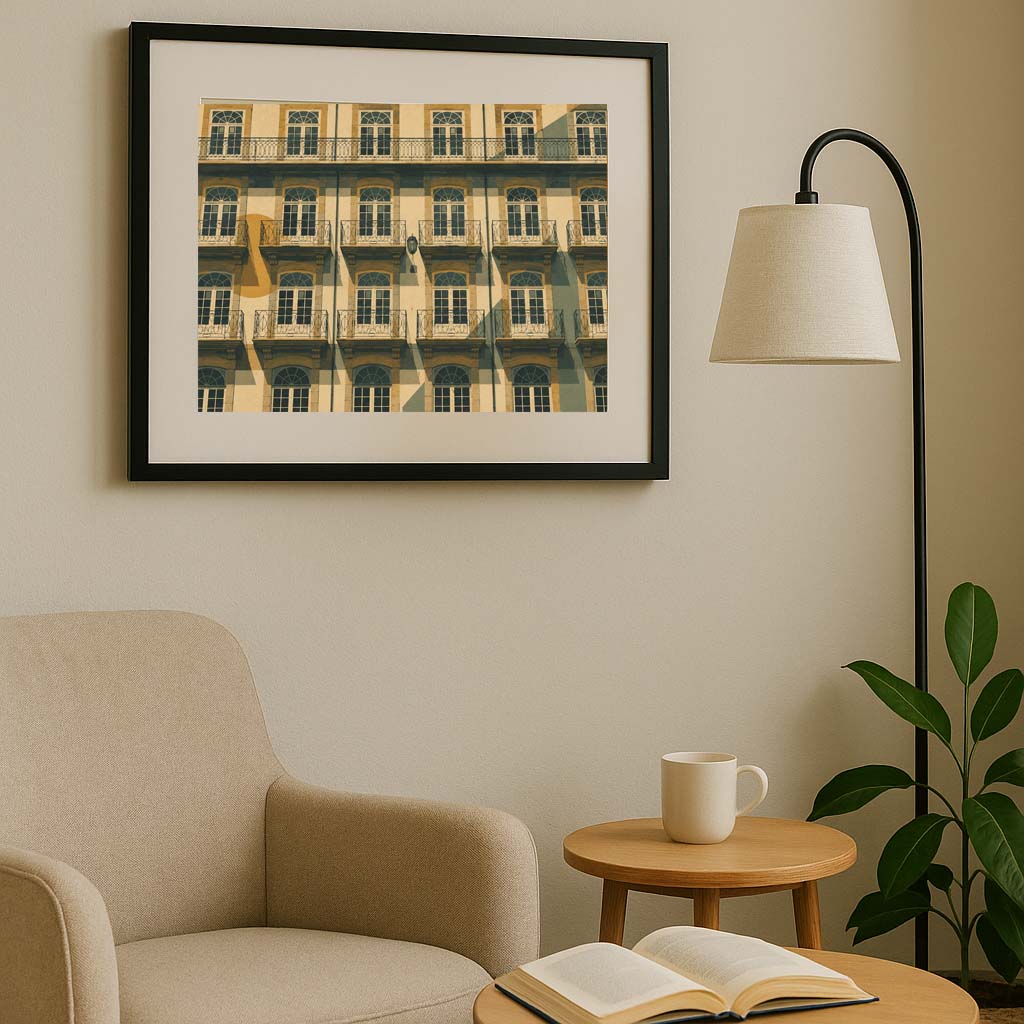 Cuadro enmarcado Veinticuatro Balcones Oporto en rincón de salón con sillón beige y lámpara de pie, lámina decorativa de arquitectura portuguesa para decoración de interiores IMAJIN-ARTE
