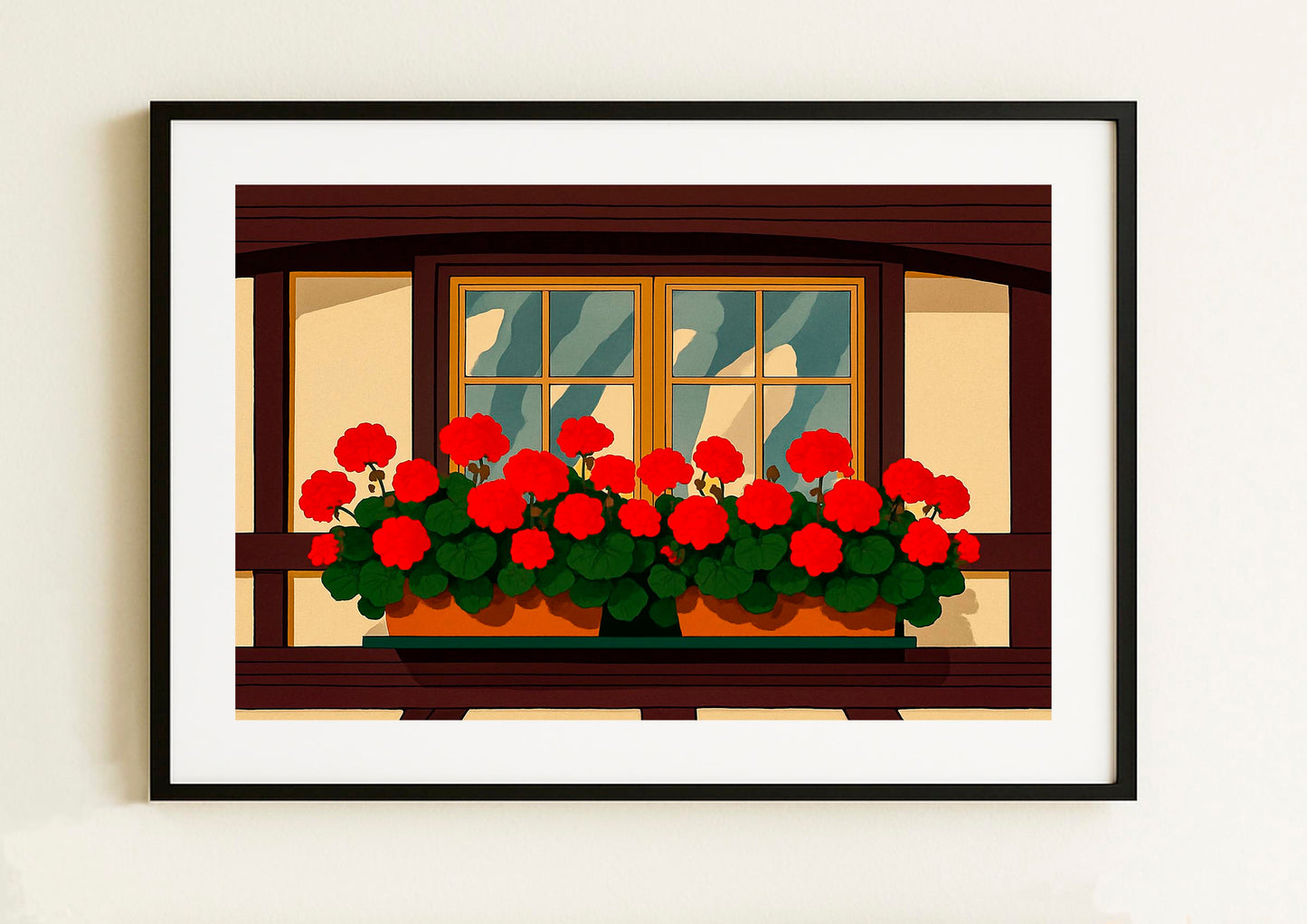 Lámina decorativa para decoración de pared ventana con geranios rojos en jardinera, estilo ilustración minimalista — IMAJIN-ARTE