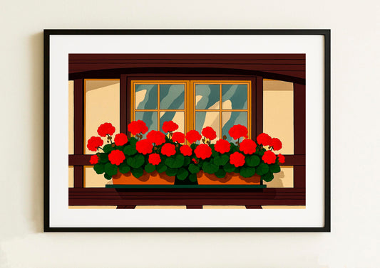 Lámina decorativa para decoración de pared ventana con geranios rojos en jardinera, estilo ilustración minimalista — IMAJIN-ARTE