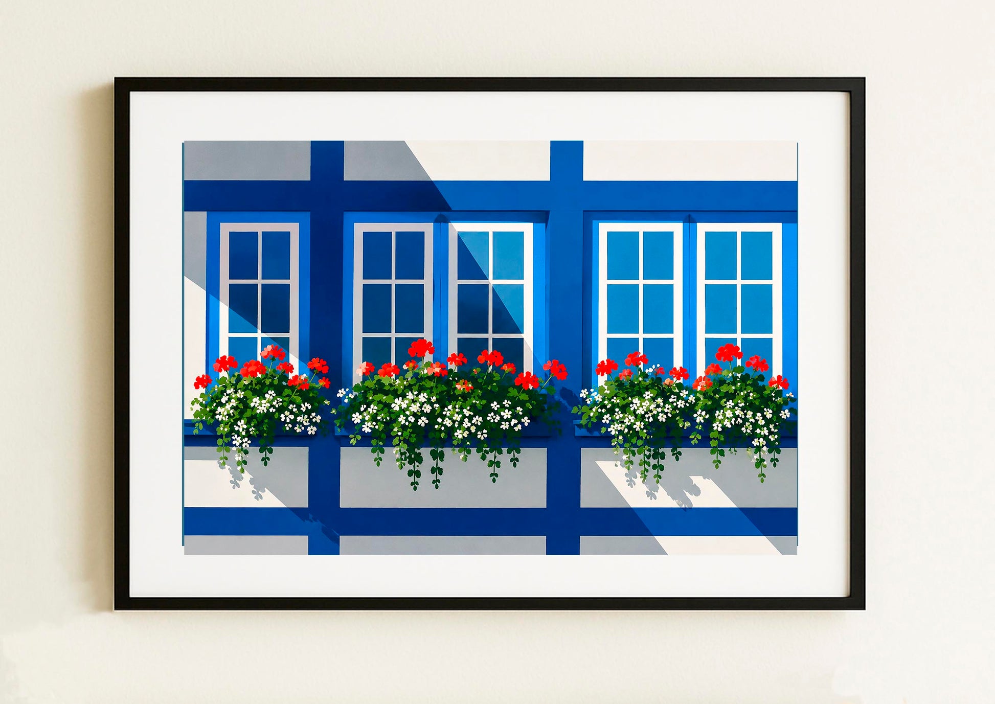 Lámina decorativa ventanas azules con geranios rojos y flores blancas en Lübeck, Alemania, enmarcada en negro — arte arquitectónico europeo Imajin-Arte