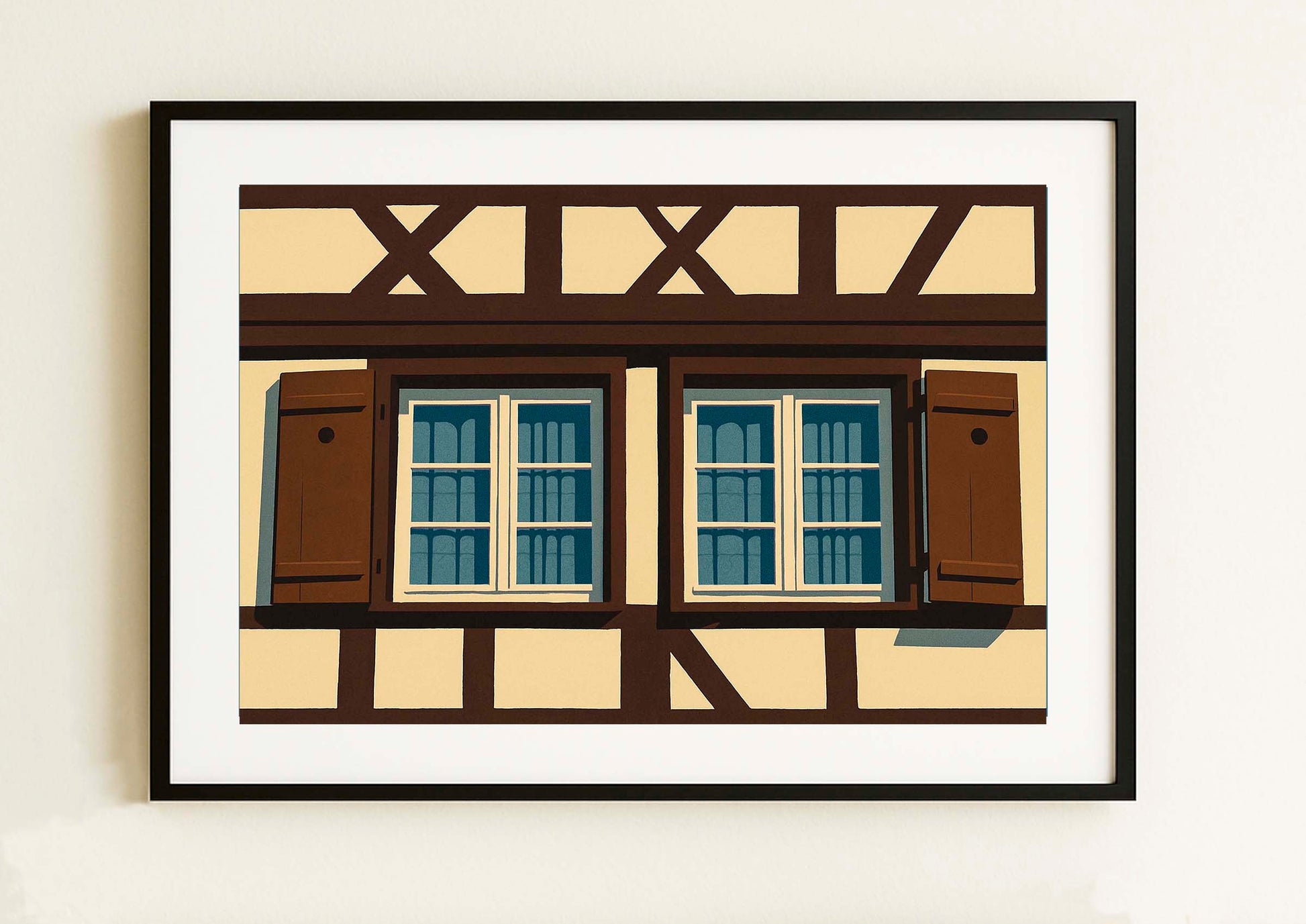 Lámina decorativa con dos ventanas de entramado alsaciano en crema y marrón oscuro con contraventanas de madera, arquitectura de Estrasburgo, enmarcada en negro imajin-arte