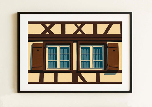 Lámina decorativa con dos ventanas de entramado alsaciano en crema y marrón oscuro con contraventanas de madera, arquitectura de Estrasburgo, enmarcada en negro imajin-arte