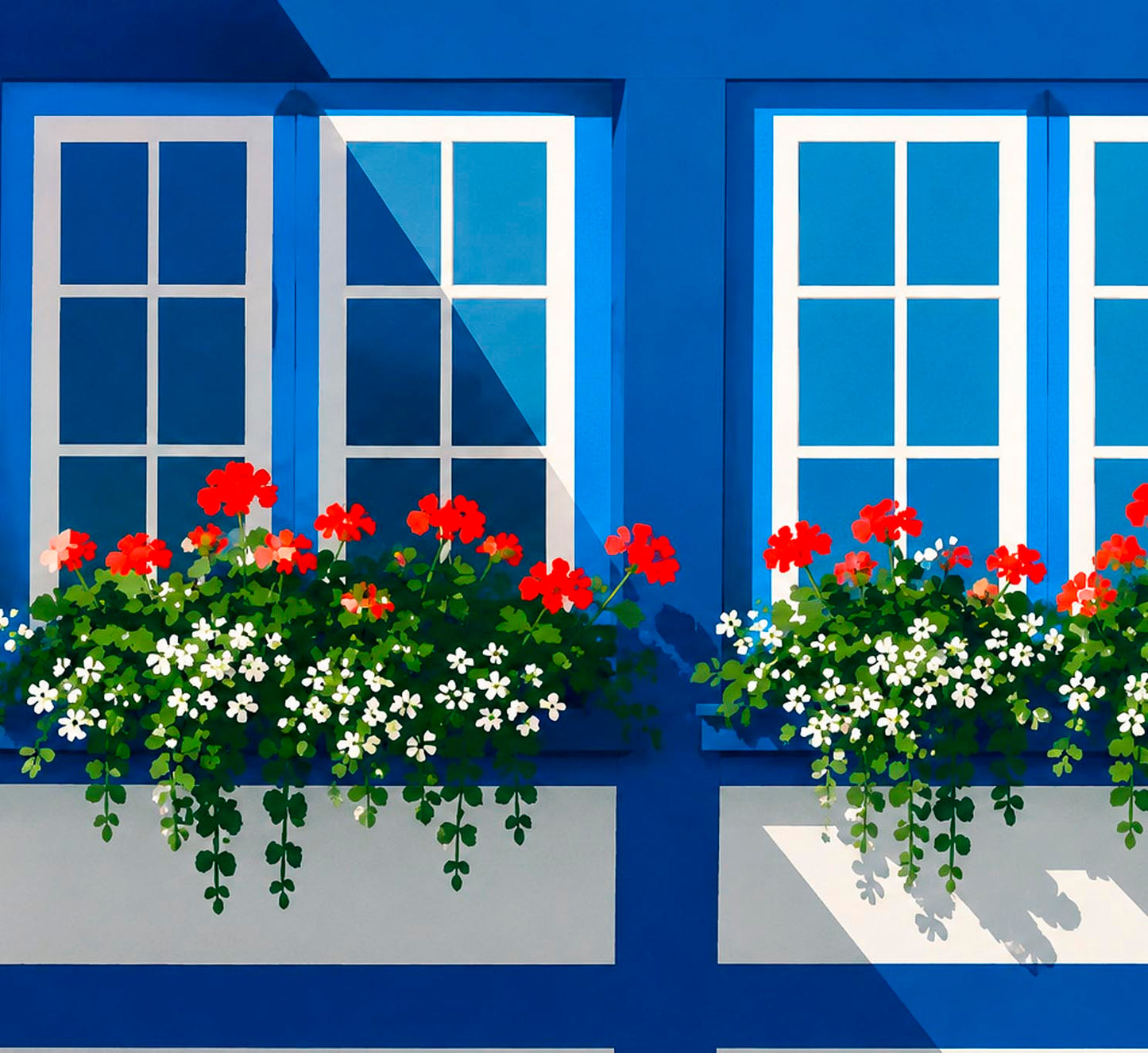 Detalle de lámina ventanas azules con jardineras de geranios rojos y flores blancas — arquitectura hanseatica de Lübeck, Alemania, arte digital Imajin-Arte