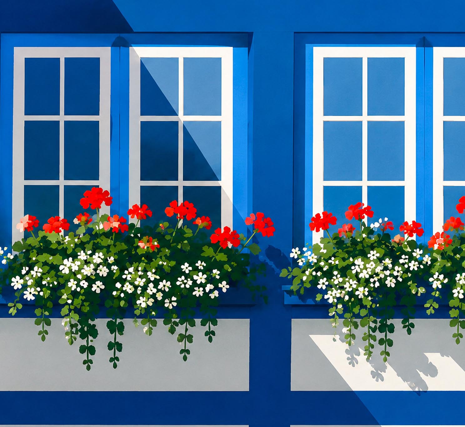 Detalle de lámina ventanas azules con jardineras de geranios rojos y flores blancas — arquitectura hanseatica de Lübeck, Alemania, arte digital Imajin-Arte