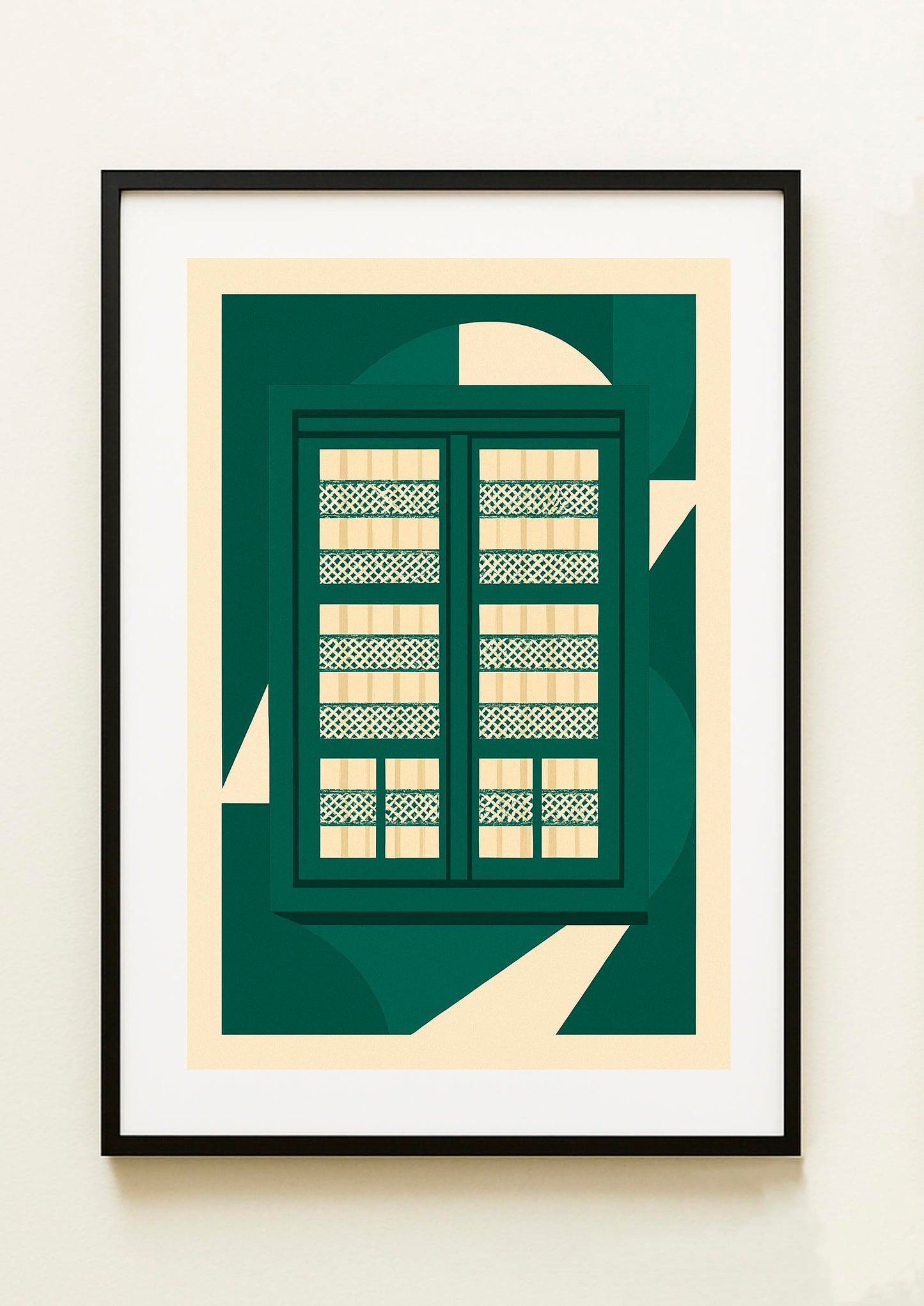 Lámina decorativa con ventana  en verde botella y celosías crema, composición geométrica, enmarcada en negro IMAJIN-ARTE decoración para colgar