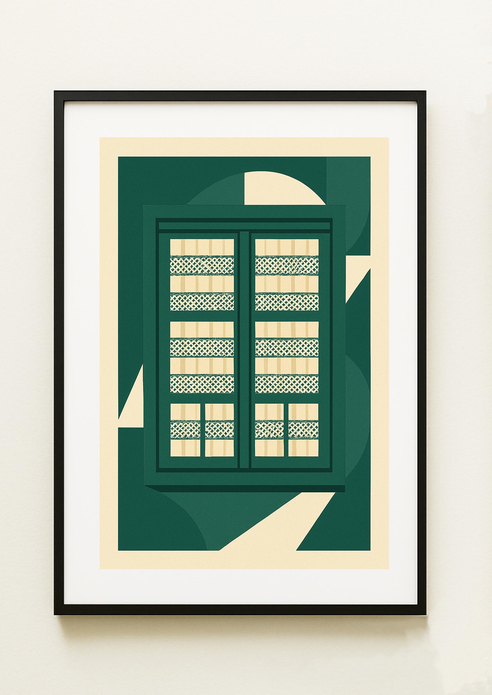 Lámina decorativa con ventana  en verde botella y celosías crema, composición geométrica, enmarcada en negro IMAJIN-ARTE decoración para colgar