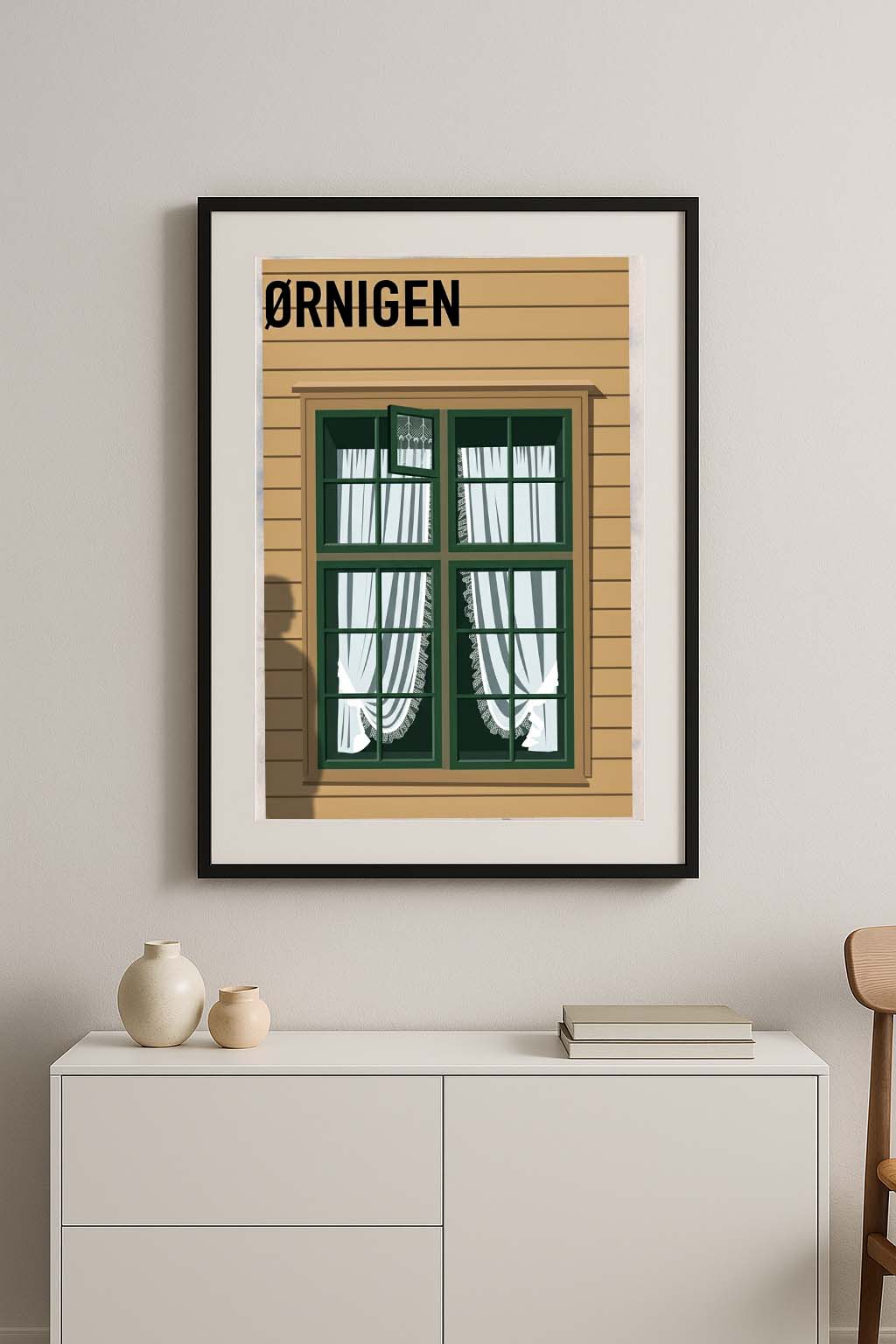 Lámina decorativa ventana escandinava con sombra de persona enmarcada en negro sobre cómoda blanca minimalista — decoración nórdica para salón Imajin-Arte