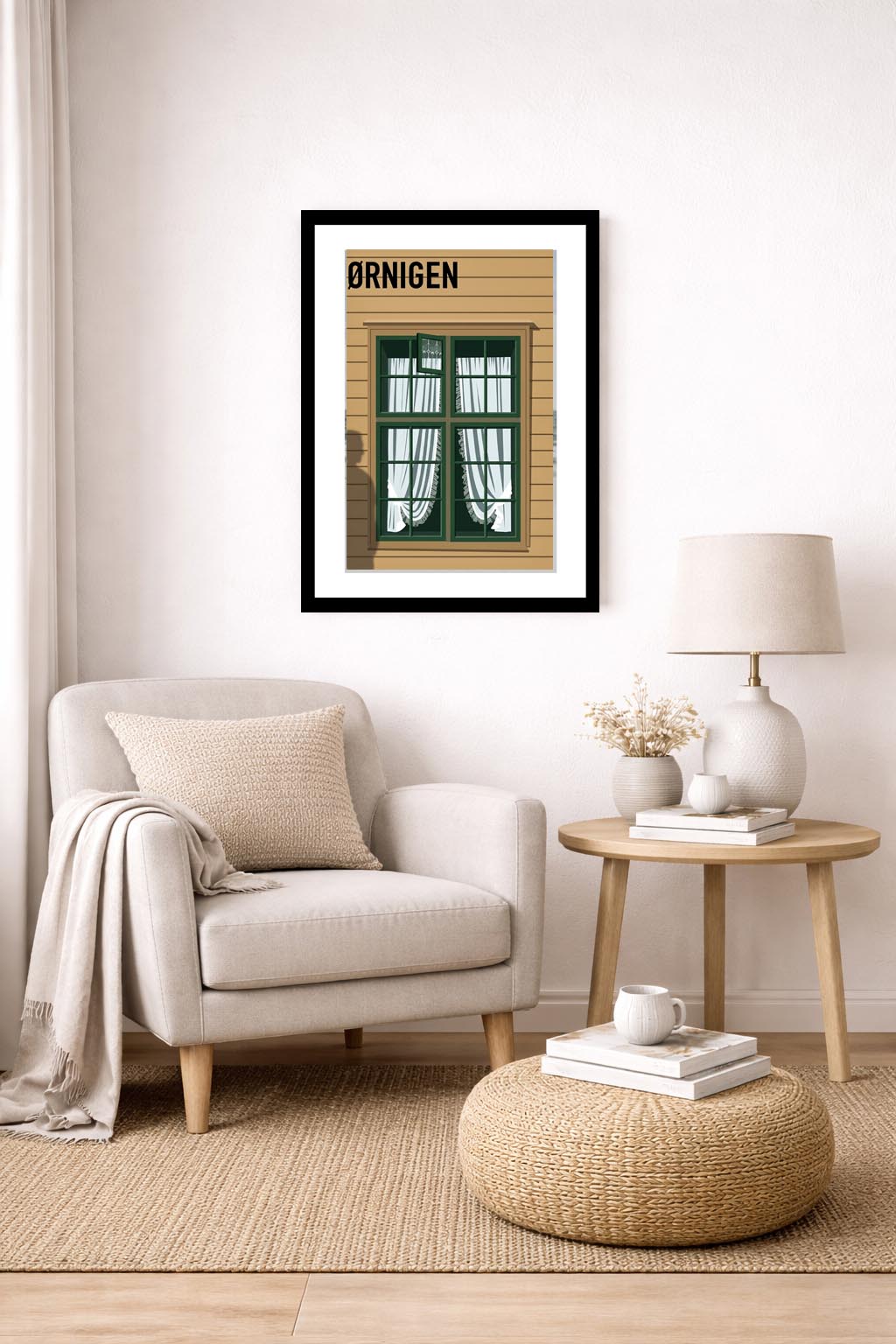 Lámina decorativa ventana escandinava con sombra de persona enmarcada en negro en rincón de salón nórdico — sillón beige, mesa de madera y lámpara Imajin-Arte