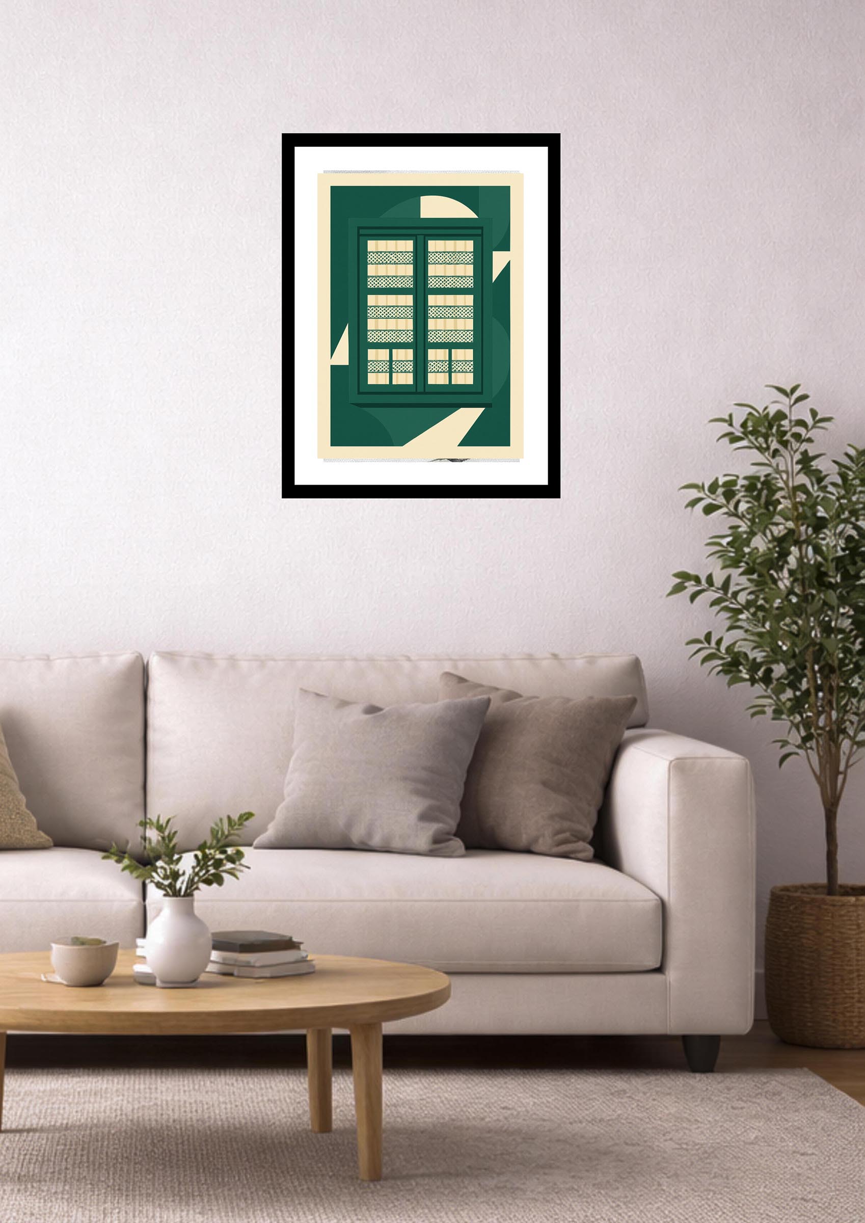 Lámina decorativa Ventana Verde enmarcada en negro sobre sofá beige, decoración de salón nórdico minimalista con planta y mesa de madera IMAJIN-ARTE